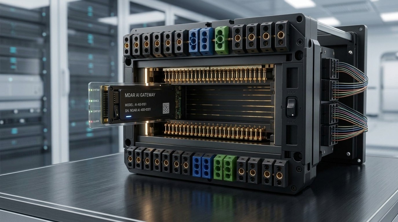 The interconnect unit with colour-coded terminal blocks, a gold-contact hot-swap bay and an AI gateway module sliding in