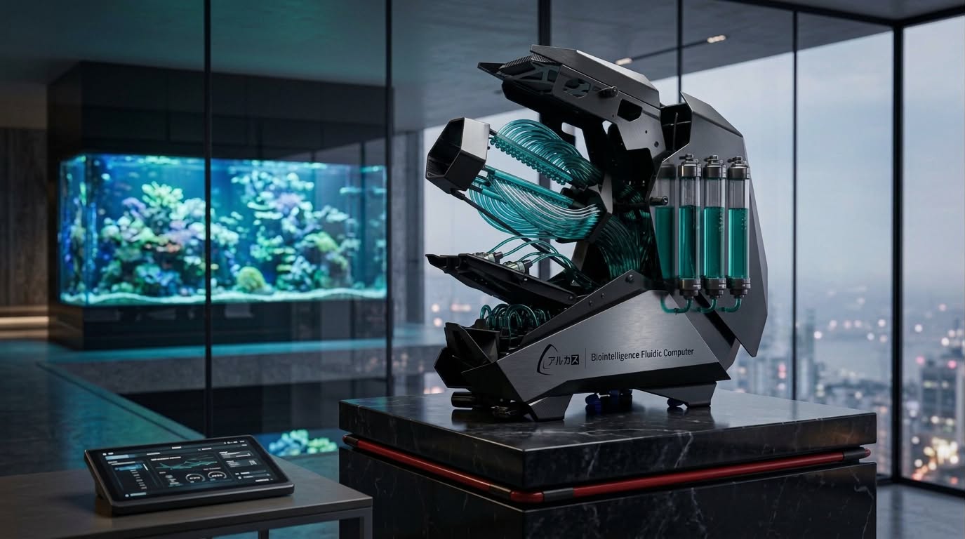 The ARUKAS Biointelligence Fluidic Computer on a marble plinth beside a reef aquarium, overlooking a city at night